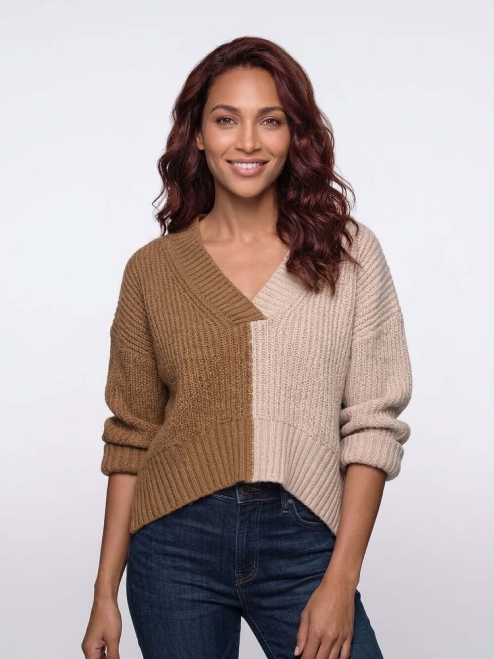 Altar'd State Color Block Cropped Sweater Brown Beige